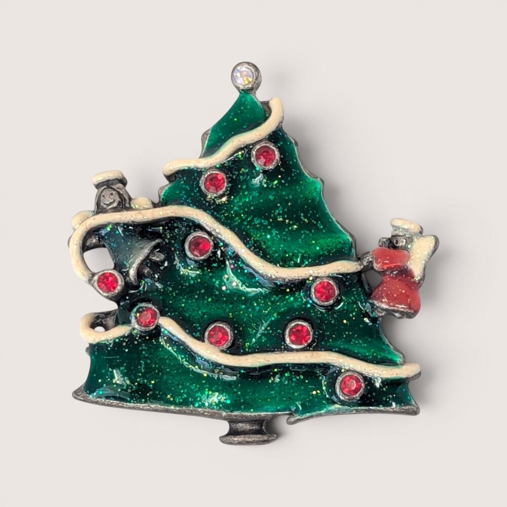 Vintage AJMC Silver Tone Green Enamel Christmas Tree Brooch